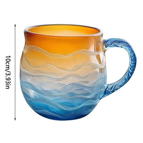 Sea Glass Wave Mug, 12oz Ocean Wave Glass Mug with Handle, Captivating Artistic Beach Sea Wave Coffee Cups Gift for Ocean Lovers, Drinking Coffee, Tea, Wine, Cocktails (Orange)