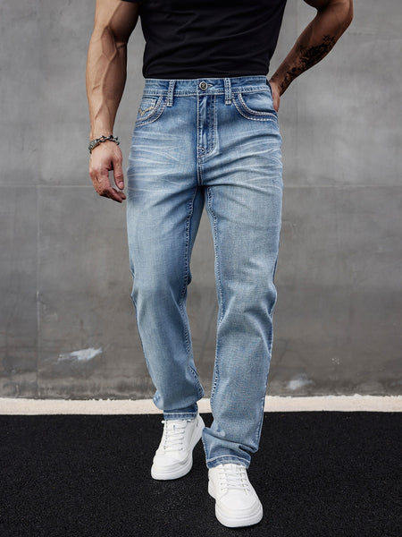 Men'S Elastic Washed Denim Jeans with Thick Line Embroidery on The Front And Back Pockets