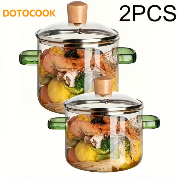 2pcs Glass Casserole Pot Suitable for All Stoves (Gas/Electric/Induction) - Thickened Heat-Resistant Shatterproof Soup Noodle Gravy Pot with Easy-Pour Spout & Even Heating Base, Heavy-Duty Glass Cookware for Home