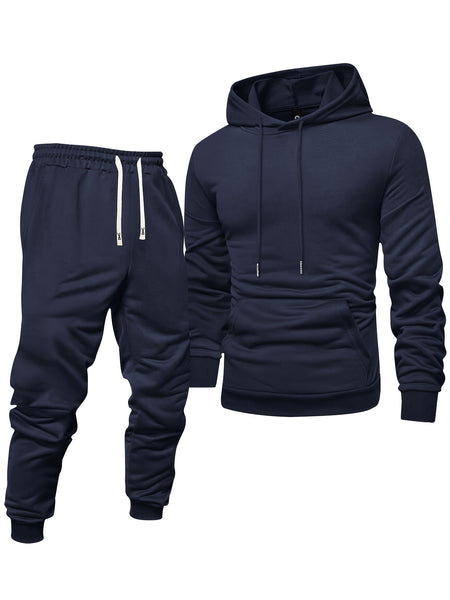 8pcs Men'S Hooded Sweatshirt + Sweatpants Autumn And Spring Casual Sports Suit Solid Color Plain Pullover Regular Long Sleeve Hoodie And Drawstring Elastic Waist Ribbed Ankle Pants