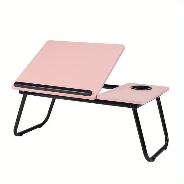 [Cozy Comfort] Versatile Folding Laptop Desk with Cup Holder - 5-Level Adjustable Tilt, Portable & Sturdy Wooden Frame, Ideal for Reading, Studying & Serving Breakfast in Bed - Available in Black, Walnut, Natural, Pink