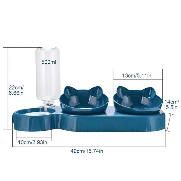 A 3-In-1 Pet Bowl That Includes a Cat Bowl, Spoon, And Cup, Available Locally for Food And Water. This Triple Cat Bowl Features a Plastic Raised Dish And an Automatic Water Bottle