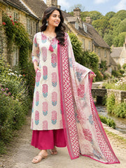 TeamWear* Women'S Cotton Embroidered Printed Kurta with palazzo & Dupatta Set with lace