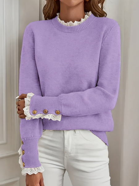 Ladies' Pullover with Lace Trim at The Cuffs And Neckline, a Casual And Elegant Sweater Top