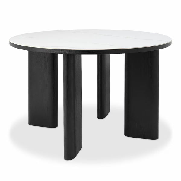 Bentley Designs Alisa round Sintered Stone Dining Table + 4 Grey Chairs