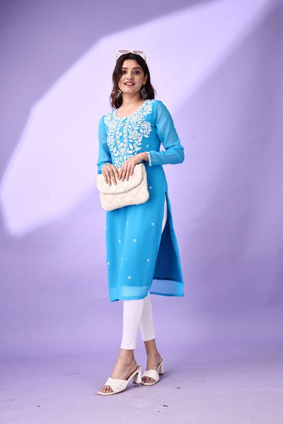 Estationeryhouse Women's Georgette Lucknowi chikankari kurti, Rose Design with Heavy Embroidery, Without Bottom
