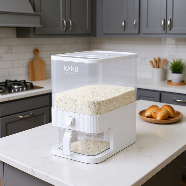 4.54 KG Kitchen Rice Storage Container - White Plastic Flip-Top Grain Bin with Press-to-Open Lid, Multi-Purpose Organizer for Rice, Flour, and Dry Goods, Kitchen Storage Solution|Modern Kitchen Accessory|Durable Plastic Bin, Rice Cooker
