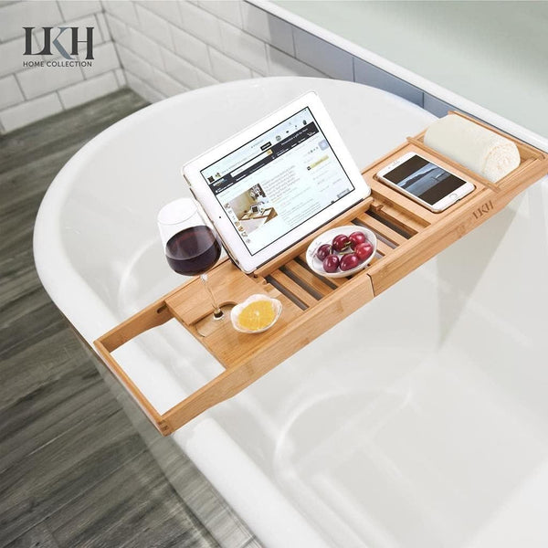 LKH Expandable Bamboo Bath Caddy Bridge Bathtub Organizer with Book Rest Wine Glass Holder and Tablet Support Tray for Home Spa Experience Fits Most Bath Sizes