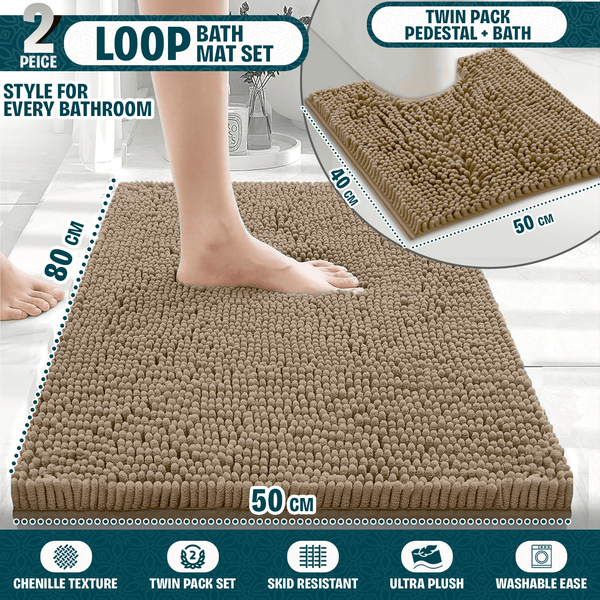 2-Piece Loop Bathroom Mat Set | Soft Chenille Microfiber Rugs with Non-Slip Backing | Machine Washable | Includes 50x80cm Bath Mat & 50x40cm Pedestal Mat | Stylish, Comfy & Durable | UK STOCK | LOCAL WAREHOUSE