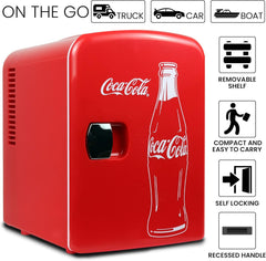 Coca Cola Classic Mini Fridge - Refrigerator for Bedroom Skincare Office, Portable Table Top Beverage Cooler, 12V DC/220V AC Refrigerador for Drinks, Soda, Wine, Use in Car, Dorm, Patio, 6 Can