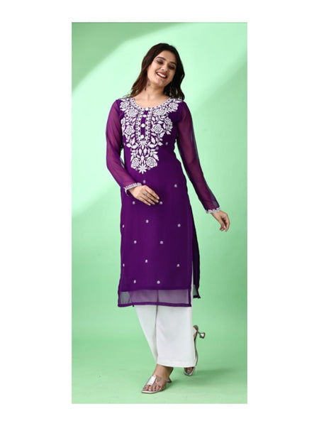 Estationeryhouse Women's Georgette Lucknowi chikankari kurti, Rose Design with Heavy Embroidery, Without Bottom