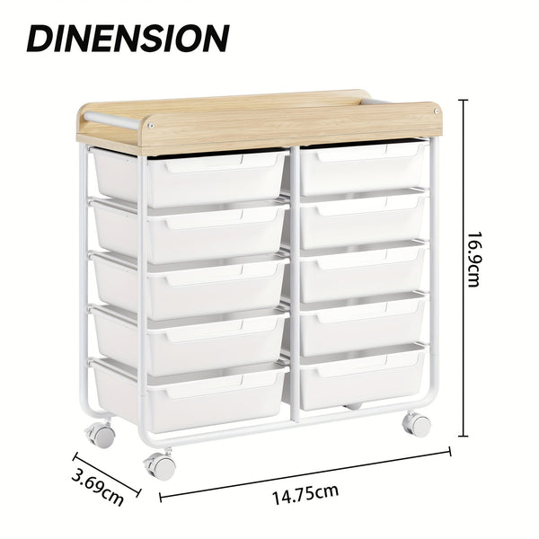 KINGRACK 10 Tier Office Rolling Storage Cart with Large Drawers, Mobile Organizer with Tabletop, Multi-Purpose Utility Cart for Home, Office, And Classroom, Easy to Move with Wheels, Storage Drawer Units