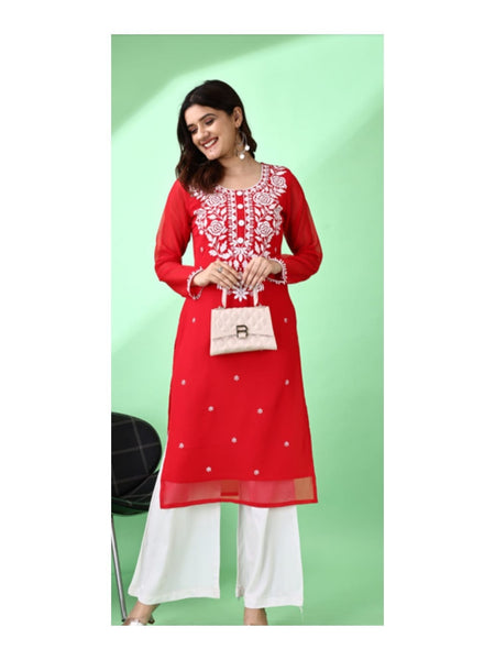 Estationeryhouse Women's Georgette Lucknowi chikankari kurti, Rose Design with Heavy Embroidery, Without Bottom