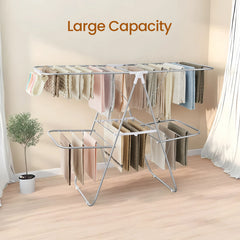 Clothes Drying Rack, Foldable 2-Level Laundry Drying Rack, with Height-Adjustable Wings, 33 Drying Rails, Sock Clips, Silver and White
