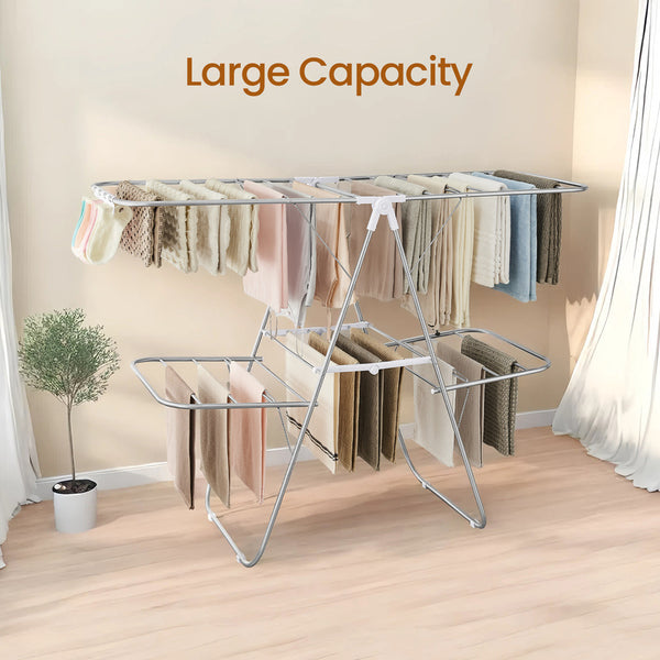 Clothes Drying Rack, Foldable 2-Level Laundry Drying Rack, with Height-Adjustable Wings, 33 Drying Rails, Sock Clips, Silver and White