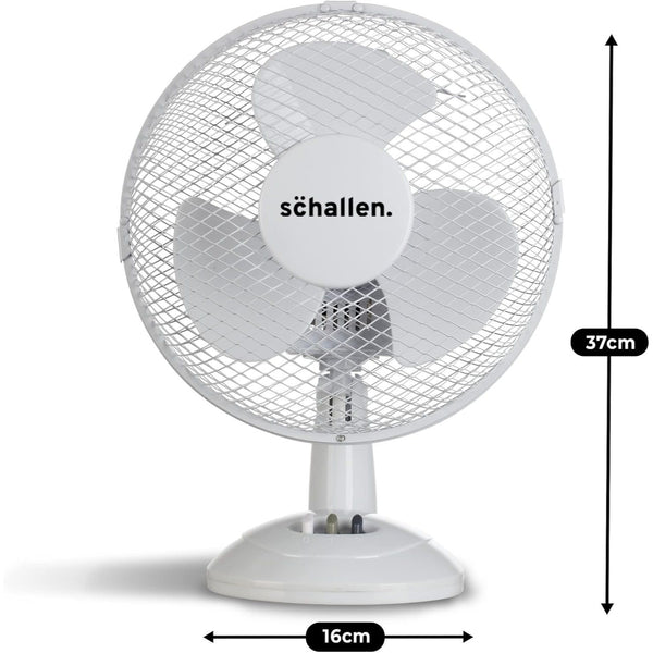 Schallen White 9 Inch Portable Desk Fan Oscillating Table Fan Quiet Electric Cooling Fan 2 Speed Settings Desktop Air Circulator Home Office Bedroom Workstation Garage Small Table Fan Plastic Blade Safety Mesh Grill UK Plug Grey White or Black