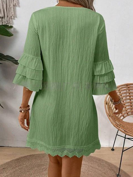 Women's Loose Mini Dress with Ruffle Sleeve & Short Flowy Dress - Solid Color -Line, Machine Washable Suitable for Spring Summer Fall Wedding Guest Dress, Casual Outfits