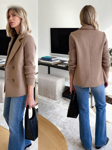 A Stylish And Sophisticated Patchwork Coat for Women, Designed with a Lapel Collar And Double-Breasted Closure, Featuring a Ribbed Texture. Perfect for Casual Autumn And Winter Outfits, Office Environments, And Social Events