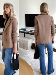 A Stylish And Sophisticated Patchwork Coat for Women, Designed with a Lapel Collar And Double-Breasted Closure, Featuring a Ribbed Texture. Perfect for Casual Autumn And Winter Outfits, Office Environments, And Social Events
