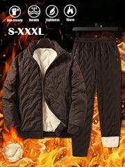 Men's 2pcs Casual Set: Fleece-Lined Thickened Jacket and Pants. Heavyweight Winter Sportswear with Zippered Cardigan Jacket, Fleece-Lined Warm Outerwear, Lamb's Lining. Matching Couple's Outfit for Men and Women. Leak-Proof Top and Pants with Elastic