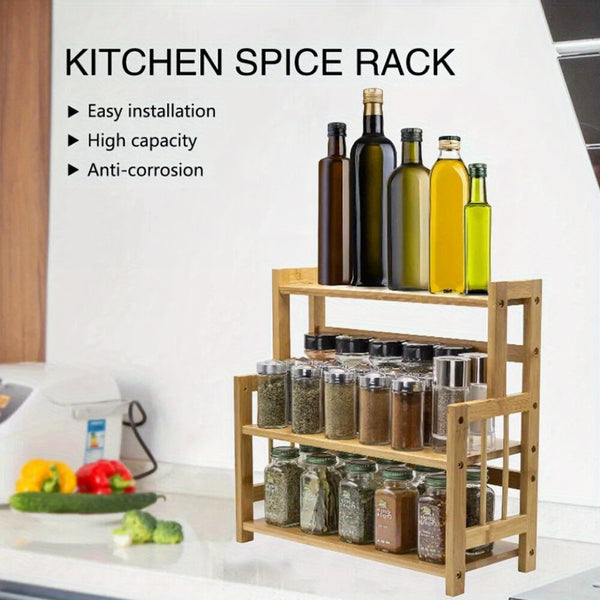 3 Tier Wooden Spice Rack Knife Holder Kitchen Organiser Shelf Stand Adjustable