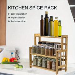 3 Tier Wooden Spice Rack Knife Holder Kitchen Organiser Shelf Stand Adjustable
