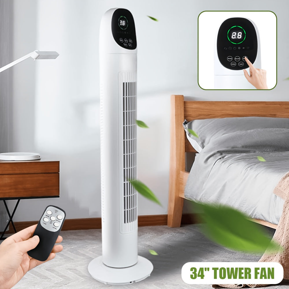 86.36cm Tower Fan, Electric Standing Floor Fan for Cooling with Remote Control, 7.5 Hour Timer LED Display, 65-75 Oscillation, 3 Modes, 3 Speeds, for Home, Office, Living Room, Bedroom, White