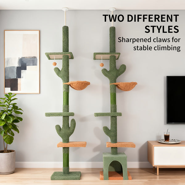 Cactus Cat Tree Floor to Ceiling Cat Tower with Adjustable Height 229Cm-275Cm, 4 Tiers Cat Climbing Activity Center with Cozy Hammock, Platforms And Dangling Balls, Green