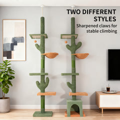 Cactus Cat Tree Floor to Ceiling Cat Tower with Adjustable Height 229Cm-275Cm, 4 Tiers Cat Climbing Activity Center with Cozy Hammock, Platforms And Dangling Balls, Green