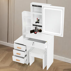 Modern Dressing Table with LED Lights, Vanity Desk with Mirror/4 Drawers/Cushioned Stool, Makeup Bedroom Dressing Table with Open Shelves for Home Bedroom