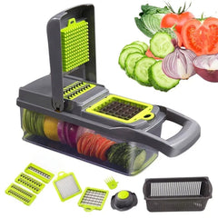 15-in-1 Fruit & Vegetable Grater Set - Kitchen Multi-Tool with 8 Interchangeable Blades (Gray Green) - Includes Dicer/Shredder/Slicer Functions