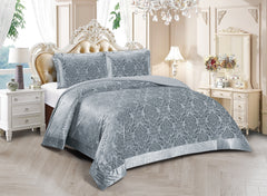 3 Piece Velvet Quilted Bedspread Set Jacquard Damask Bed Cover with Pillow Shams | Luxury Soft Polyester Bedspread for Double King Super King Beds | Modern Elegant Bedroom Bedding Set