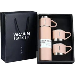 1 Set 500ml/16.9oz Stainless Steel Vacuum Insulated Bottle with 3 Cups Food-Contact Safe, Hot & Cold Insulation, Portable Leak-Proof Design – Perfect for Daily Use, Office, Travel & Ideal Gift for Her