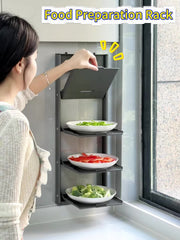 4-Tier Foldable Wall-Mounted Kitchen Prep Station & Space-Saving Shelf - Heavy-Duty Carbon Floating Shelves with Suction Cup Mount Suitable for Home & Restaurant Use, Foldable Organizer for Spice Rack, Dish Drying & Vegetable Prep