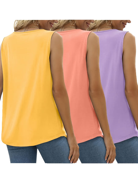 Three-Pack Women's Tank Tops Summer Sleeveless Loose Fit Eyelet Neck Solid Color Basic Shirts