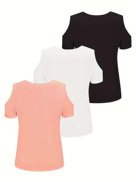 Three-Piece Summer Off-Shoulder Short-Sleeve T-Shirt, Casual Loose Eyelet V-Neck Solid Color Basic Off-Shoulder Short-Sleeve Top