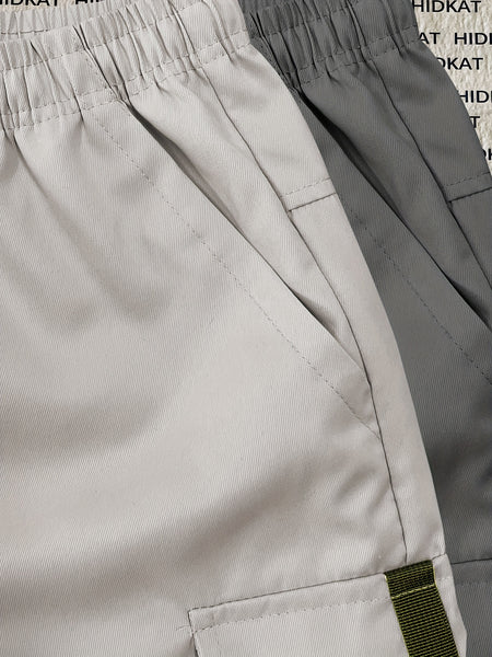 2pcs Men's Cargo Capri Pants with Drawstring Waist, Large Pockets, and Letter Patches for Summer, Fashion Casual Athletic Trousers