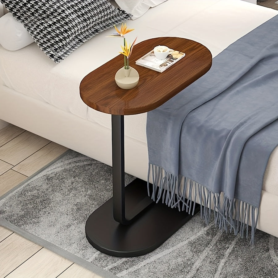 C-Shaped Side Table with Adjustable Height, a 360° Rotating Design That Can Slide Under Furniture, Perfect for Use Beside a Sofa, Bed, Or Bathtub, Featuring a Light Wood End