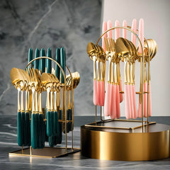24pcs Stainless Steel Tableware Set with Ceramic Handles, Fork Spoon Set with Utensil Holder, for Home Use/Restaurant, Serves for 6 People