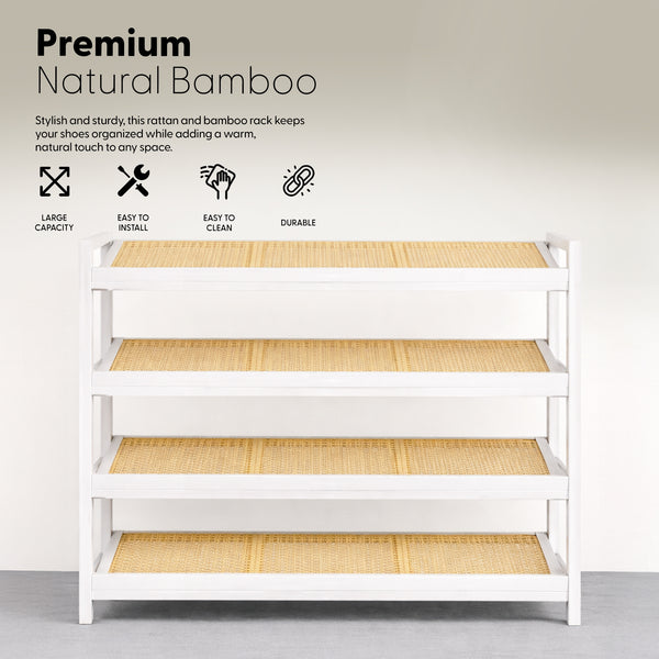 KEPLIN 2/3/4-Tier Bamboo and Rattan Shoe Rack Organizer – Durable, Easy Assembly – Compact Design for Entryway, Closet, or Hallway – Stylish and Functional Storage – Black and Natural