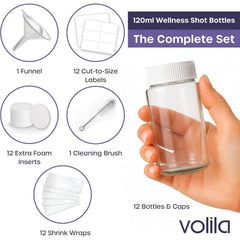 Shot Bottles with Lids - Reusable Glass Shot Bottles with Lids, Funnel, Labels, Shrink Wrap, Cleaning Brush and Extra Foam Insert - Portable and Leakproof