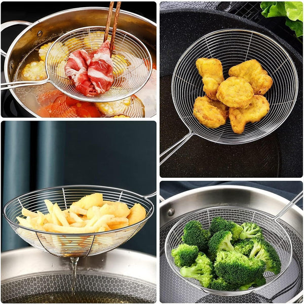 3pcs Kitchen Tools Stainless Steel Spider Strainer Set - for 15cm, 17cm, 19cm - Durable Metal Skimmers with Long Handles - Food-Safe Skimming Spoons for Frying, Pasta - with Hanging Loop
