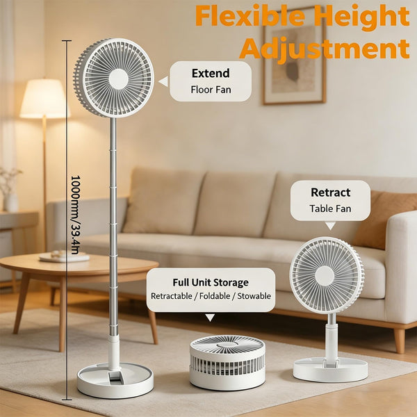 Portable Standing Fan, Foldable Telescopic Pedestal Fan with 7200Mah Battery, Rechargeable Floor Fan with 4 Speeds & 180° Tilt, Portable Fans Rechargeable for Bedroom, Home, Office and Travel (White)