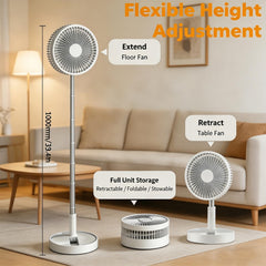 Portable Standing Fan, Foldable Telescopic Pedestal Fan with 7200Mah Battery, Rechargeable Floor Fan with 4 Speeds & 180° Tilt, Portable Fans Rechargeable for Bedroom, Home, Office and Travel (White)