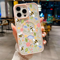 Phone Case: Stylish Floral Bee Phone Case with Wireless Charging, Anti-Drop Light Beige-Friendly Magnetic Cover- Compatible with iPhone 16 Pro Max/15/14 Plus/13/12/11& Samsung Galaxy A56/A55/A54/A36/A35/A26/A25/A16/A15/A06/S25 Ultra/S24 FE/S23