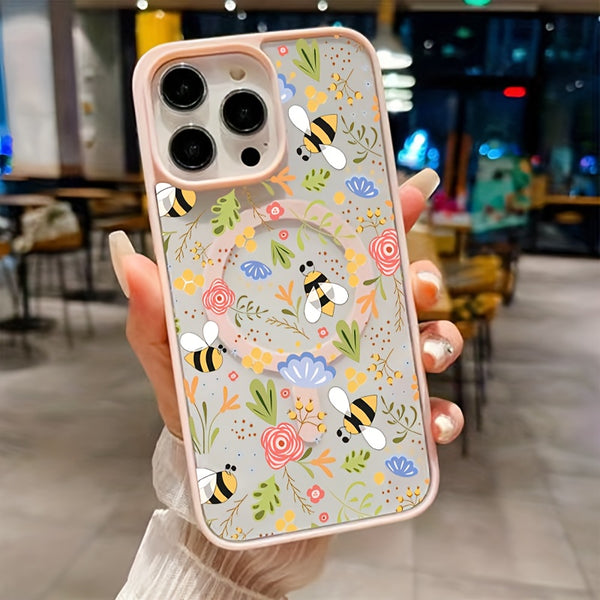 Phone Case: Stylish Floral Bee Phone Case with Wireless Charging, Anti-Drop Light Beige-Friendly Magnetic Cover- Compatible with iPhone 16 Pro Max/15/14 Plus/13/12/11& Samsung Galaxy A56/A55/A54/A36/A35/A26/A25/A16/A15/A06/S25 Ultra/S24 FE/S23