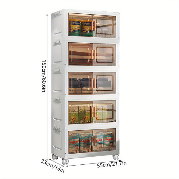 5-Tier Collapsible Plastic Storage Bins with Magnetic Doors & Wheels - Stackable High Quality Organizer, Transparent Tawny, Large Capacity (55.12x33.02x153.92cm) for Bedroom, Living Room, Kitchen, Entryway - Easy Tool-Free Assembly, Modern Aesthetic, Smoo