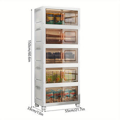 5-Tier Collapsible Plastic Storage Bins with Magnetic Doors & Wheels - Stackable High Quality Organizer, Transparent Tawny, Large Capacity (55.12x33.02x153.92cm) for Bedroom, Living Room, Kitchen, Entryway - Easy Tool-Free Assembly, Modern Aesthetic, Smoo