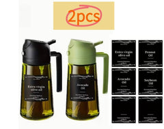 2 Kitchen Glass Olive Oil Bottles with 6 Stickers, Oil Dispenser and Cooking Spray Device, 16oz Premium Dark Green Glass Oil Bottle, Perfect Cooking Tool for Grilling, Camping, and Salads, Nozzle Design for Easy Cleaning, Suitable for Cooking