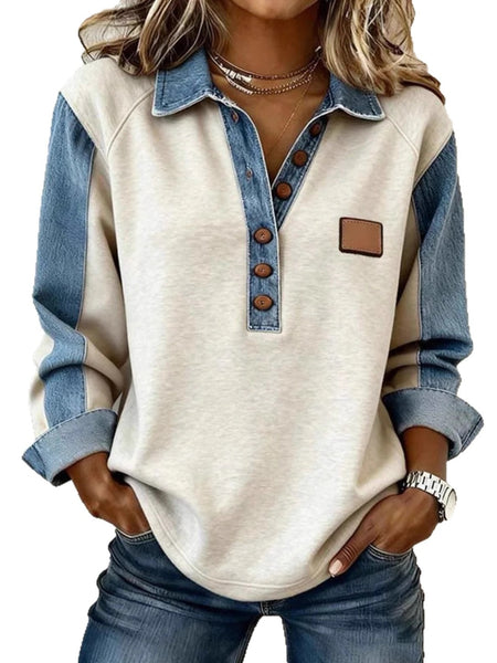Women'S Colour-Block Denim Collar Top Loose-fit Long-sleeved Half-buttoned Drop-shoulder Top Retro-style Label Embellished Casual Knitwear Ideal for Everyday Outings, Light Commuting, Relaxed Dates, and Vintage-inspired Leisure Looks
